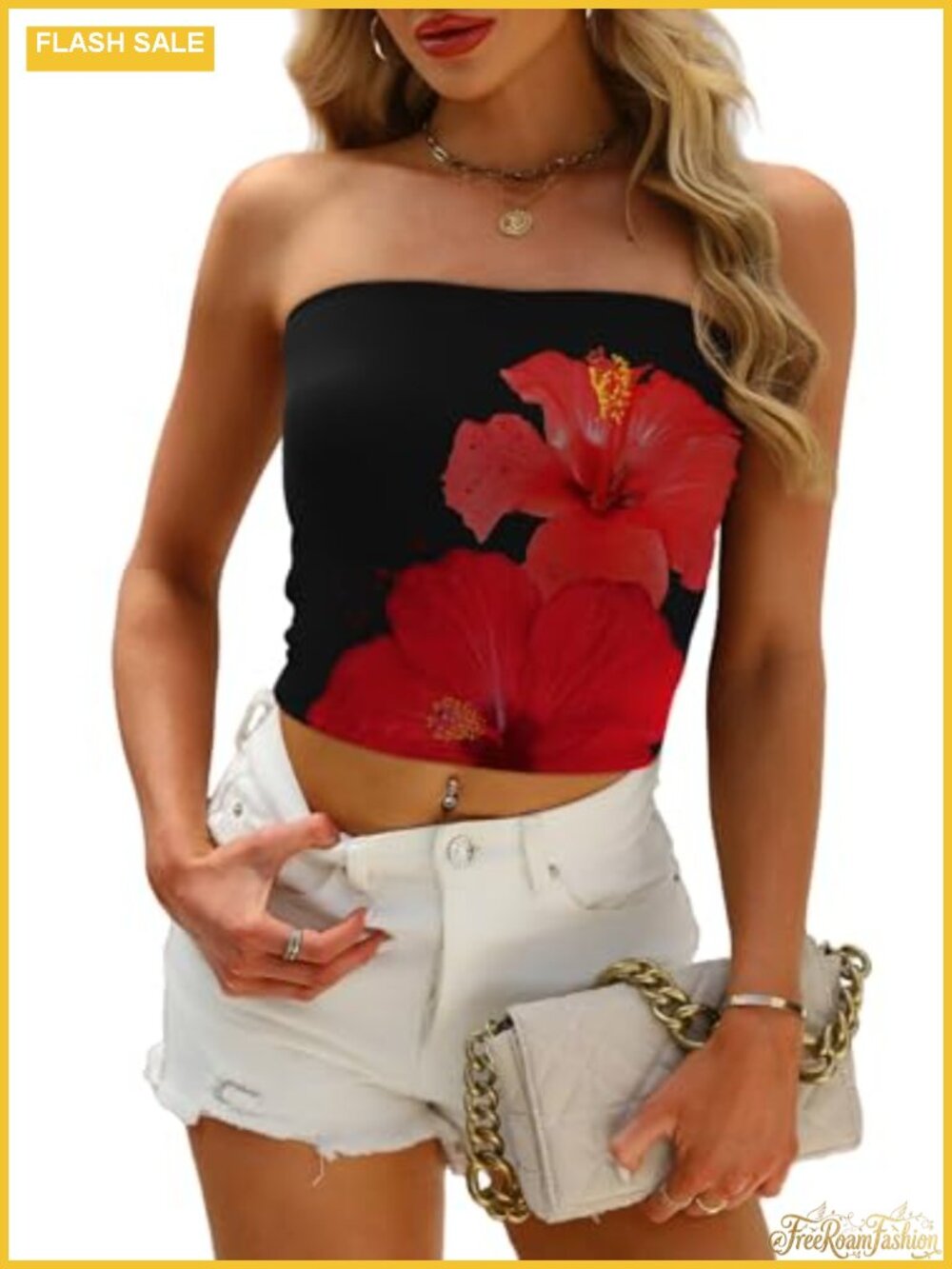 Women's Floral Print Tube Top Crop Summer Beach Vacation Outfit